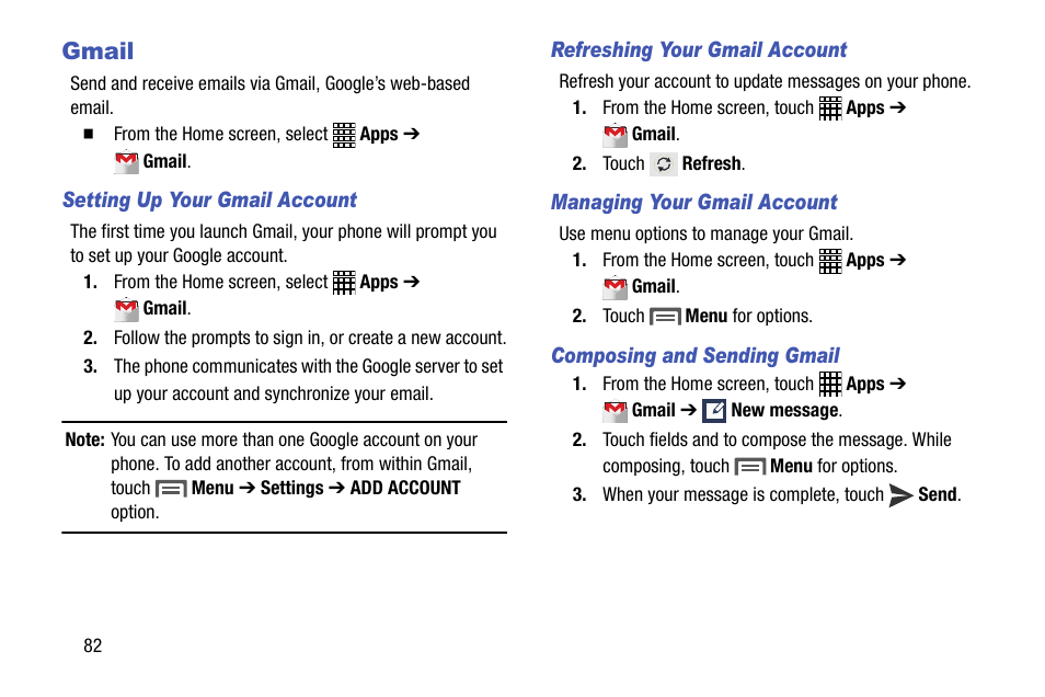 Gmail, Setting up your gmail account, Refreshing your gmail account | Managing your gmail account, Composing and sending gmail | Samsung SCH-R970ZKAUSC User Manual | Page 88 / 230