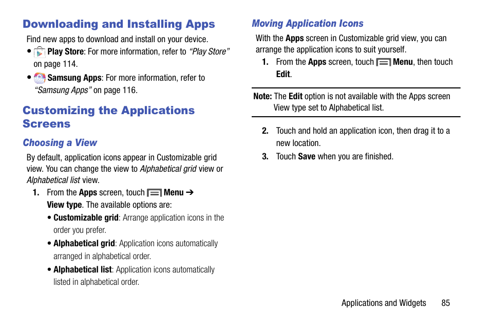 Downloading and installing apps, Customizing the applications screens, Choosing a view | Moving application icons | Samsung SCH-R970ZKAUSC User Manual | Page 91 / 230