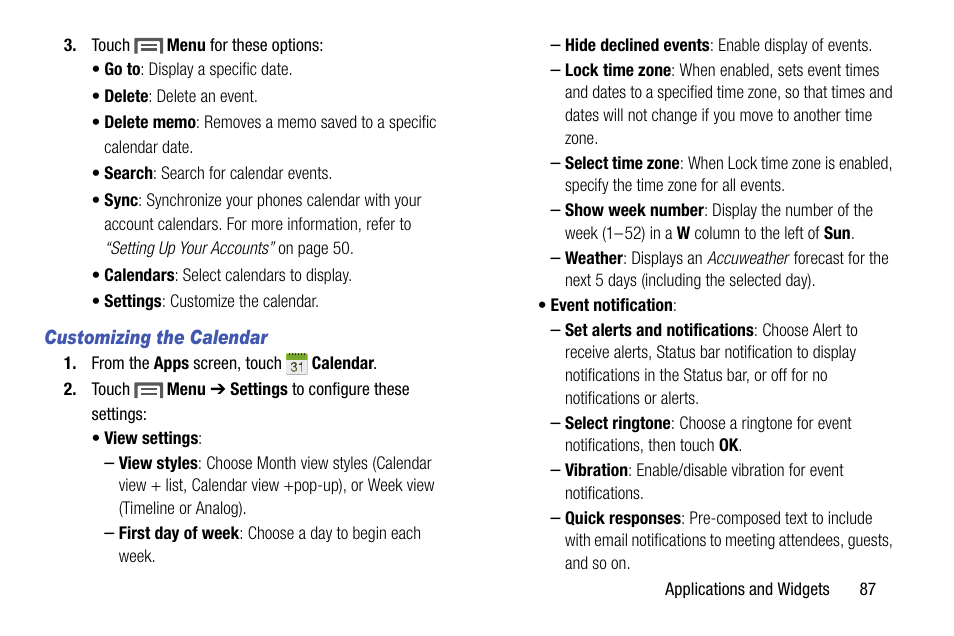 Customizing the calendar | Samsung SCH-R970ZKAUSC User Manual | Page 93 / 230