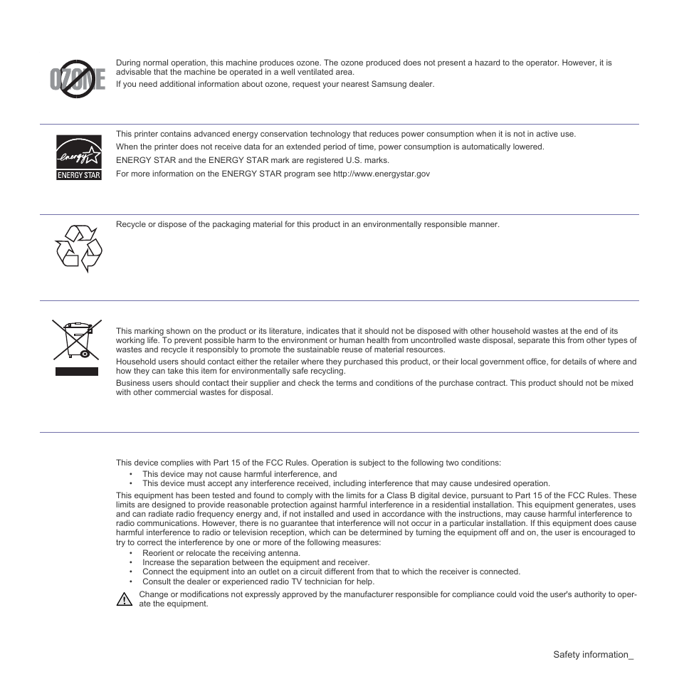 Ozone safety, Power saver, Recycling | Radio frequency emissions | Samsung SCX-4300-XAA User Manual | Page 10 / 97