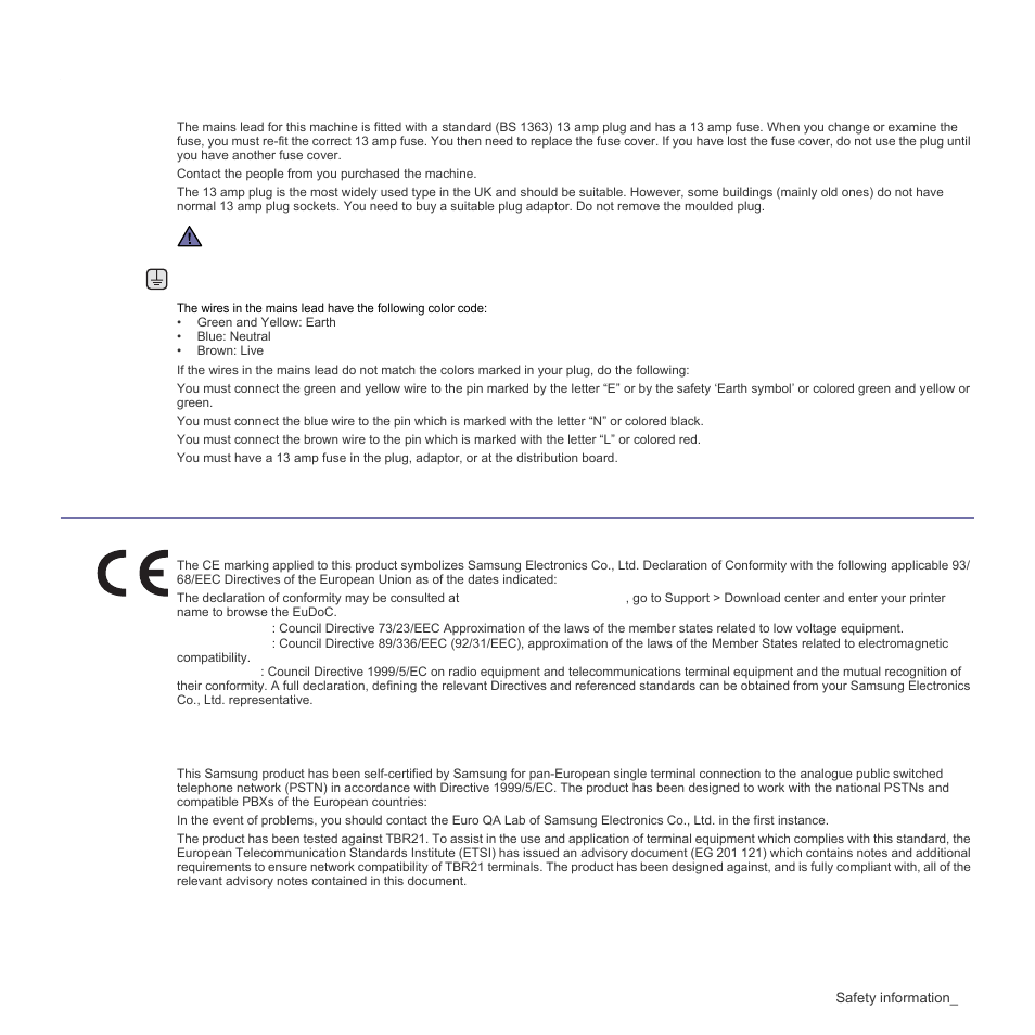 Replacing the fitted plug (for uk only), Declaration of conformity (european countries) | Samsung SCX-4300-XAA User Manual | Page 12 / 97