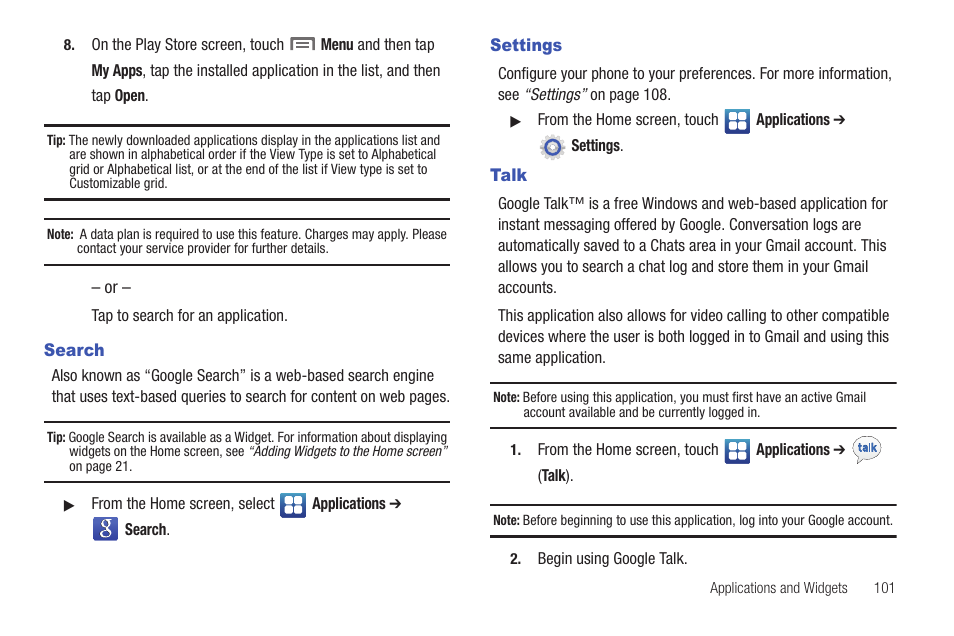 Search, Settings, Talk | Search settings talk | Samsung SCH-S950RKATFN User Manual | Page 105 / 161