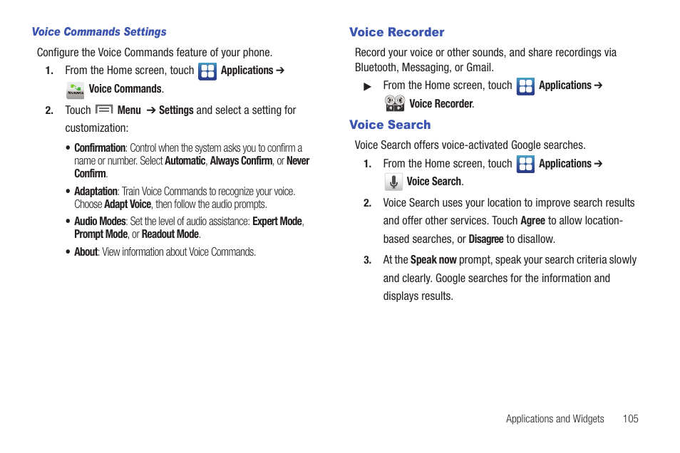 Voice recorder, Voice search, Voice recorder voice search | Samsung SCH-S950RKATFN User Manual | Page 109 / 161