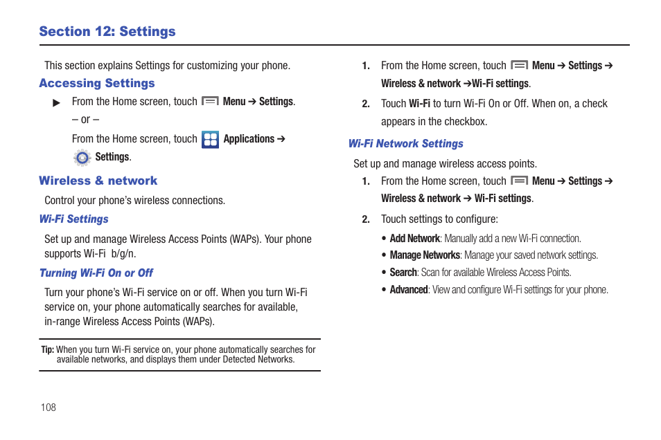 Section 12: settings, Accessing settings, Wireless & network | Accessing settings wireless & network | Samsung SCH-S950RKATFN User Manual | Page 112 / 161