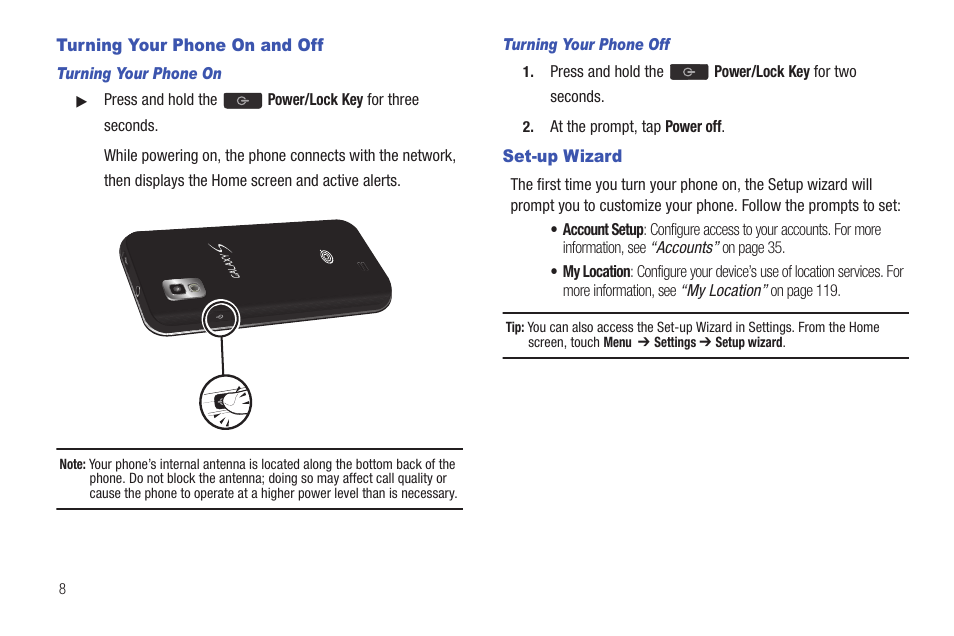 Turning your phone on and off, Set-up wizard, Turning your phone on and off set-up wizard | Samsung SCH-S950RKATFN User Manual | Page 12 / 161