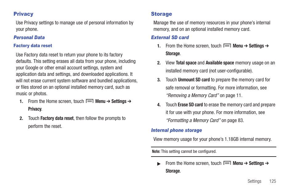 Privacy, Storage, Privacy storage | Samsung SCH-S950RKATFN User Manual | Page 129 / 161