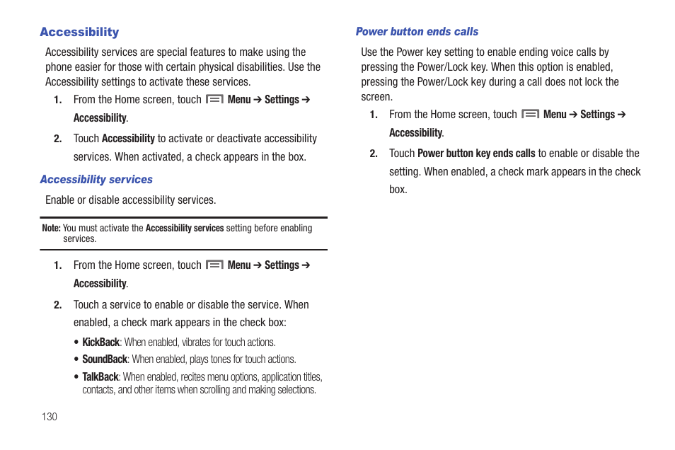 Accessibility | Samsung SCH-S950RKATFN User Manual | Page 134 / 161