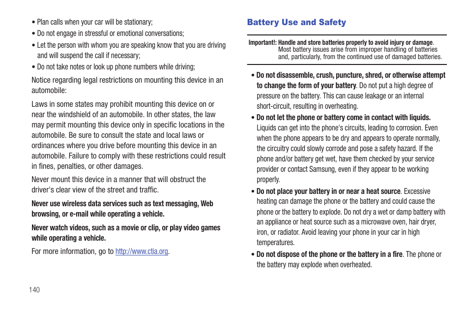 Battery use and safety | Samsung SCH-S950RKATFN User Manual | Page 144 / 161