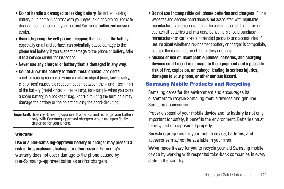 Samsung mobile products and recycling | Samsung SCH-S950RKATFN User Manual | Page 145 / 161