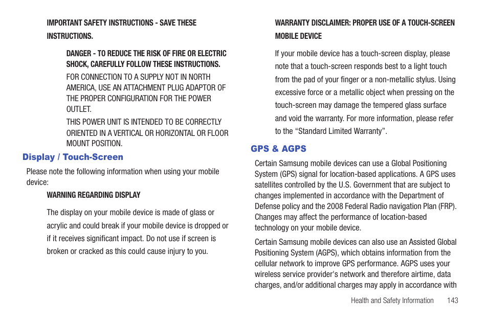 Display / touch-screen, Gps & agps, Display / touch-screen gps & agps | Samsung SCH-S950RKATFN User Manual | Page 147 / 161