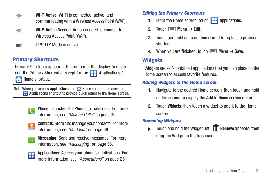 Primary shortcuts, Widgets, Primary shortcuts widgets | N, see “primary shortcuts | Samsung SCH-S950RKATFN User Manual | Page 25 / 161