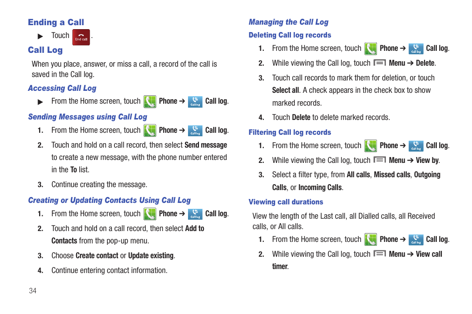 Ending a call, Call log, Ending a call call log | Samsung SCH-S950RKATFN User Manual | Page 38 / 161