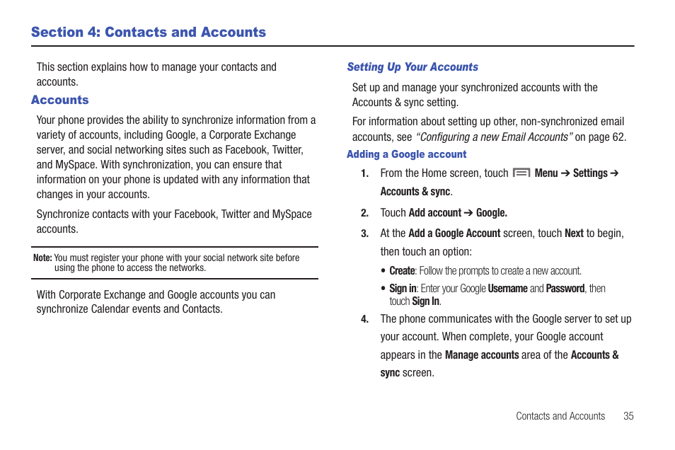 Section 4: contacts and accounts, Accounts | Samsung SCH-S950RKATFN User Manual | Page 39 / 161