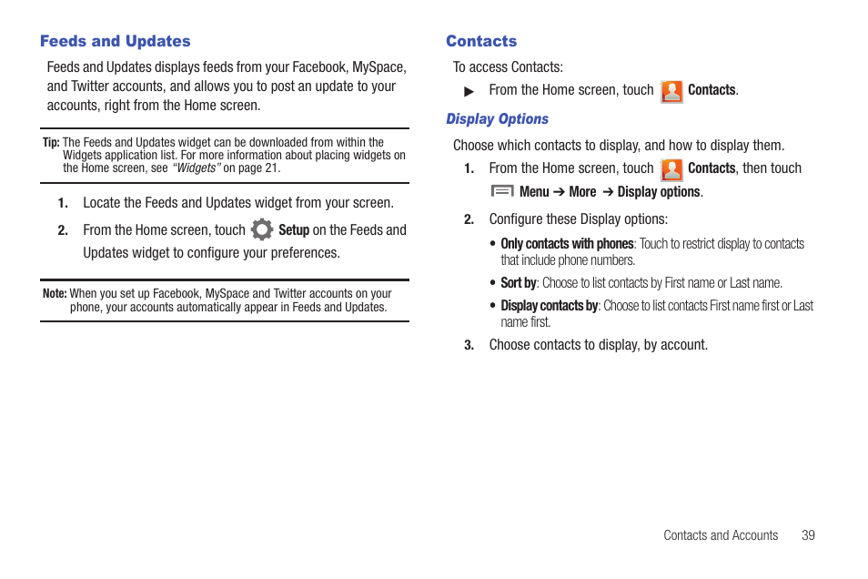 Feeds and updates, Contacts, Feeds and updates contacts | Samsung SCH-S950RKATFN User Manual | Page 43 / 161