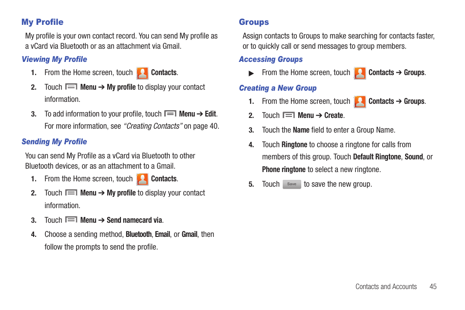 My profile, Groups, My profile groups | Samsung SCH-S950RKATFN User Manual | Page 49 / 161