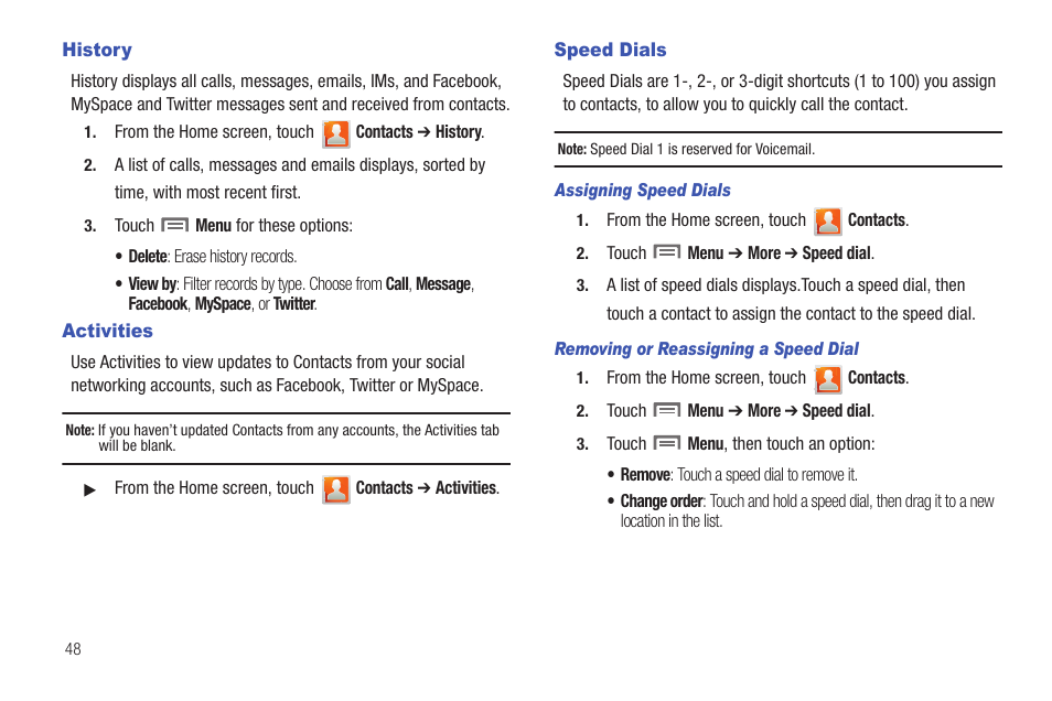 History, Activities, Speed dials | History activities speed dials | Samsung SCH-S950RKATFN User Manual | Page 52 / 161