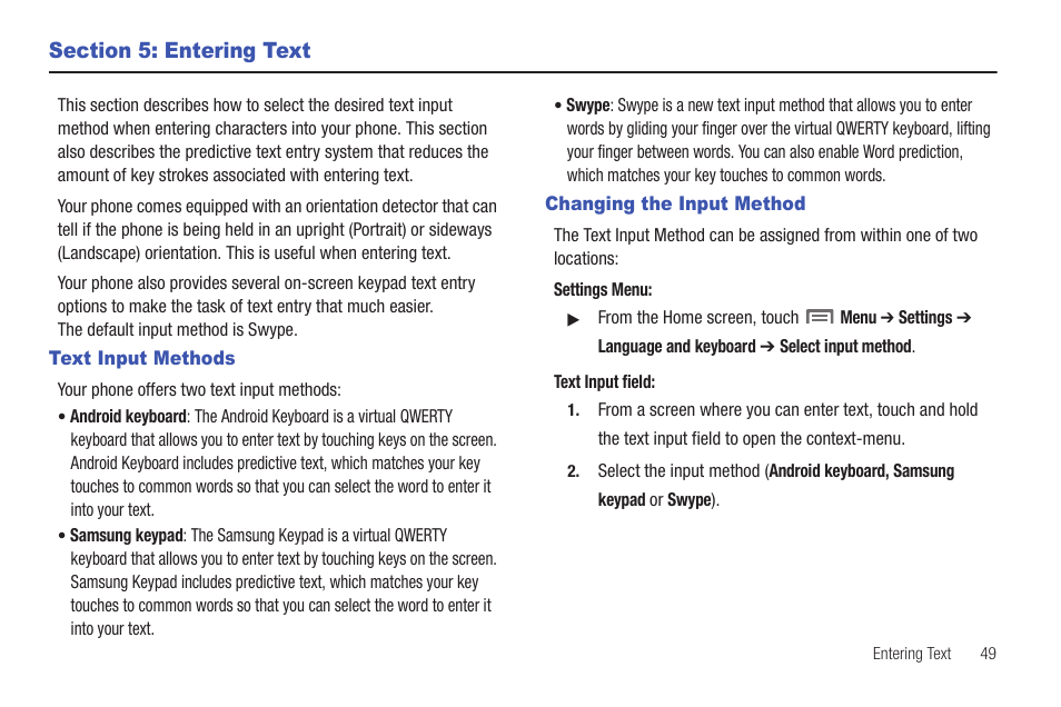 Section 5: entering text, Text input methods, Changing the input method | Text input methods changing the input method | Samsung SCH-S950RKATFN User Manual | Page 53 / 161