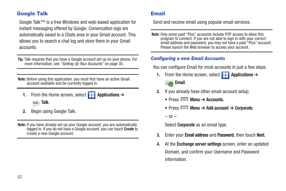 Google talk, Email, Google talk email | Samsung SCH-S950RKATFN User Manual | Page 66 / 161