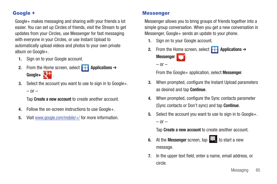 Google, Messenger, Google + messenger | Samsung SCH-S950RKATFN User Manual | Page 69 / 161