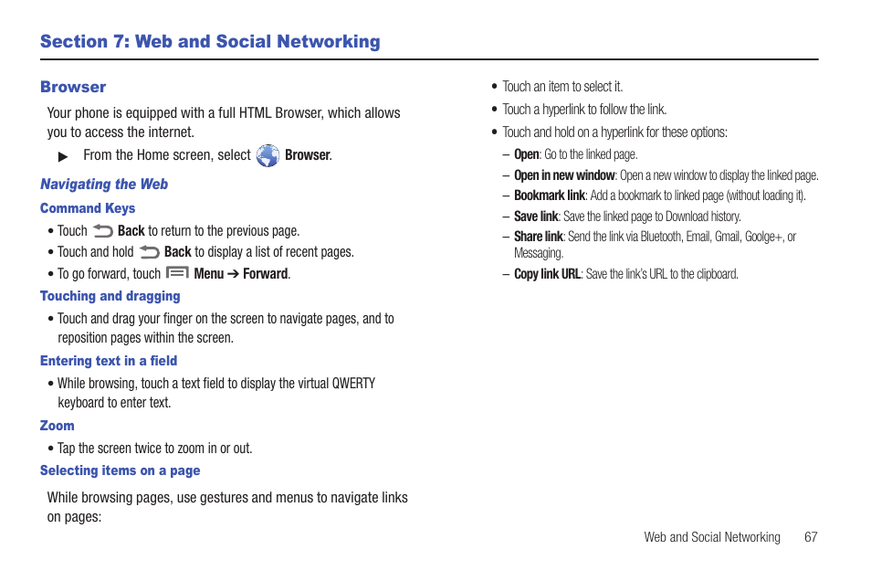 Section 7: web and social networking, Browser | Samsung SCH-S950RKATFN User Manual | Page 71 / 161