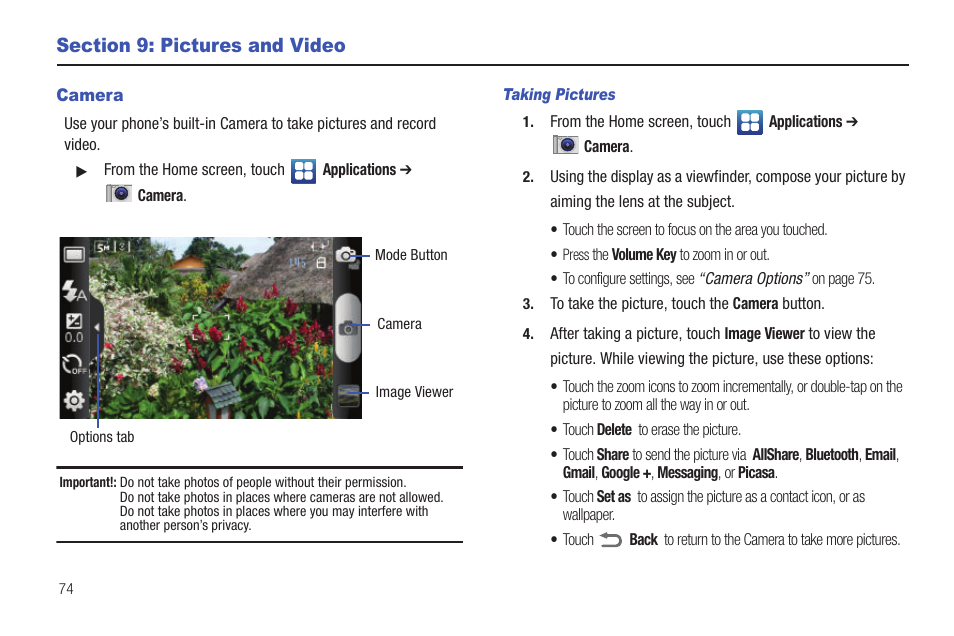 Section 9: pictures and video, Camera | Samsung SCH-S950RKATFN User Manual | Page 78 / 161