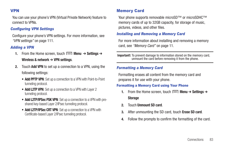 Memory card, Vpn memory card | Samsung SCH-S950RKATFN User Manual | Page 87 / 161