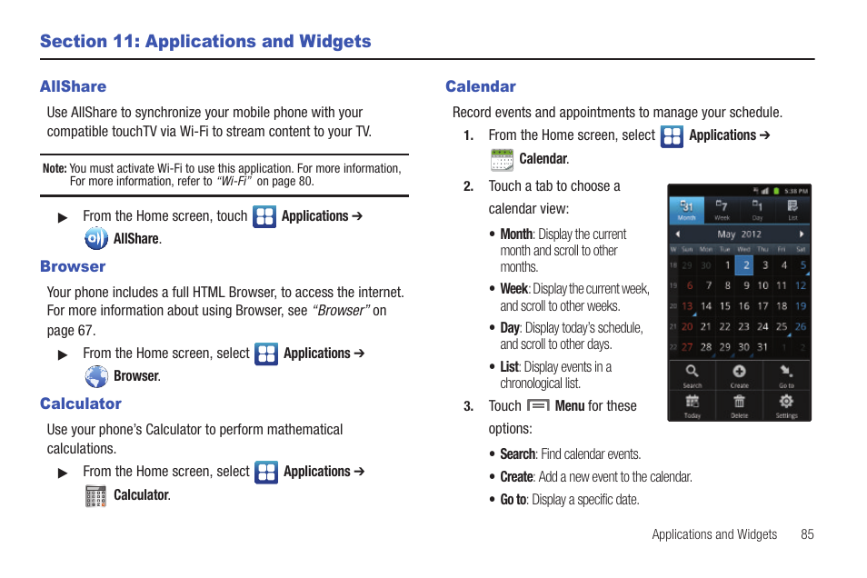 Section 11: applications and widgets, Allshare, Browser | Calculator, Calendar, Allshare browser calculator | Samsung SCH-S950RKATFN User Manual | Page 89 / 161