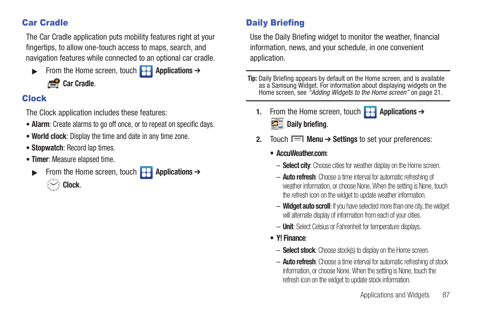 Car cradle, Clock, Daily briefing | Car cradle clock daily briefing | Samsung SCH-S950RKATFN User Manual | Page 91 / 161