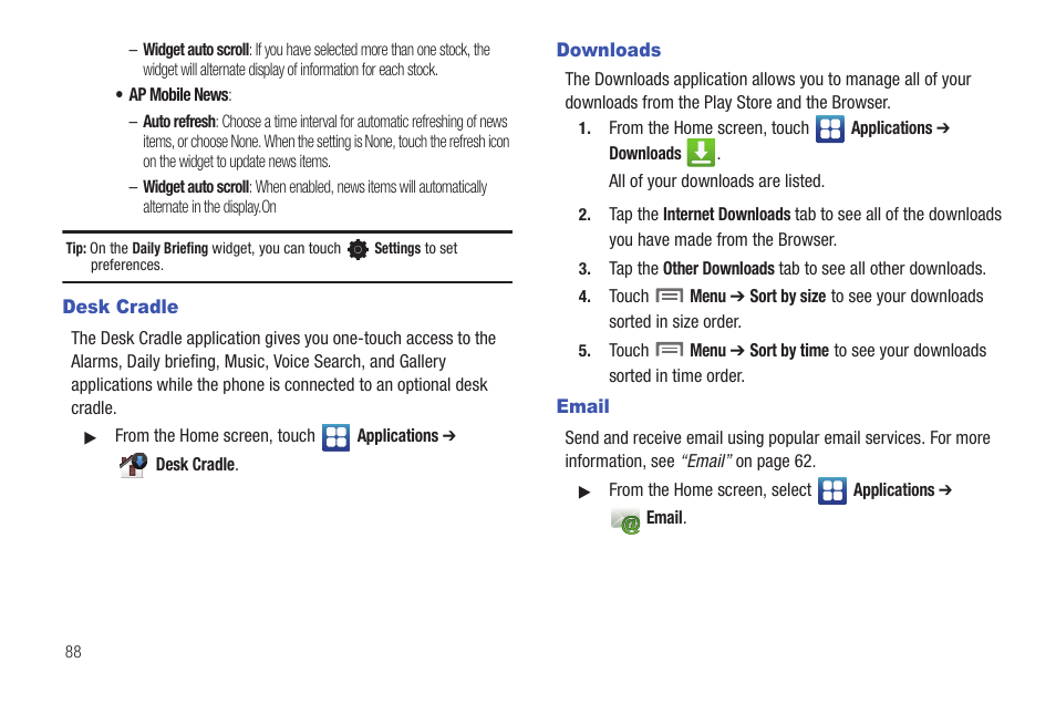 Desk cradle, Downloads, Email | Desk cradle downloads email | Samsung SCH-S950RKATFN User Manual | Page 92 / 161