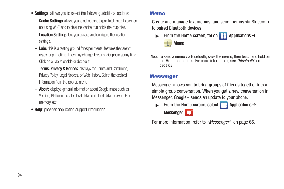 Memo, Messenger, Memo messenger | Samsung SCH-S950RKATFN User Manual | Page 98 / 161