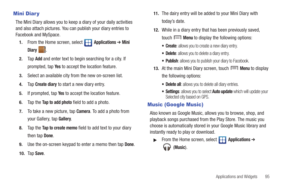 Mini diary, Music (google music), Mini diary music (google music) | Samsung SCH-S950RKATFN User Manual | Page 99 / 161