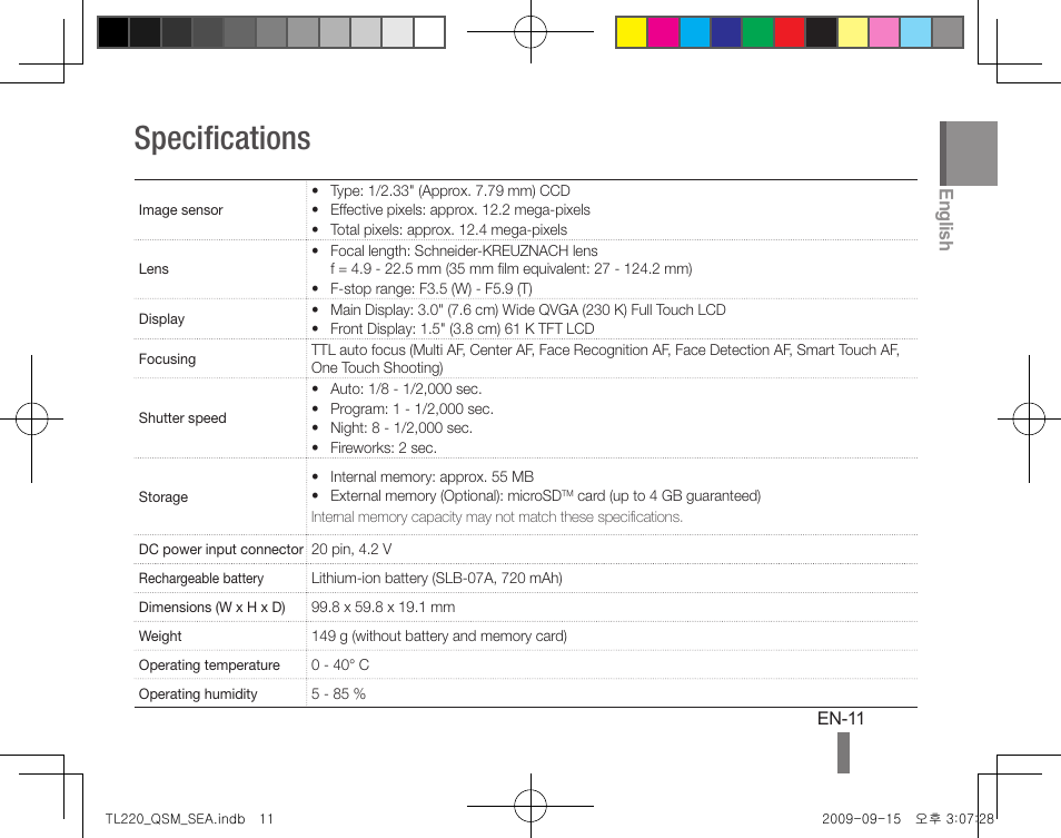 Specifications, English | Samsung EC-TL220ZBPSUS User Manual | Page 11 / 24