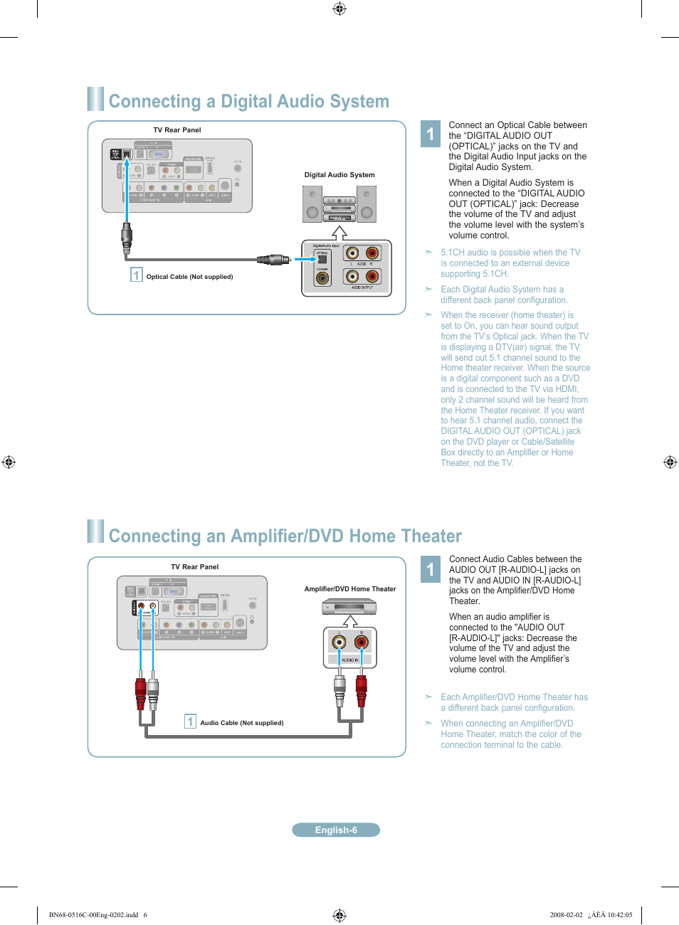 Connecting a digital audio system, Connecting an amplifier/dvd home theater | Samsung LN19A331J1DXZA User Manual | Page 6 / 12