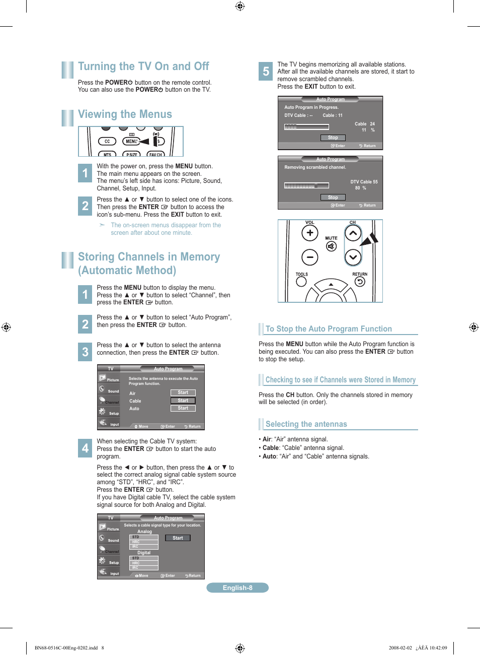 Turning the tv on and off, Viewing the menus, Selecting the antennas | Samsung LN19A331J1DXZA User Manual | Page 8 / 12