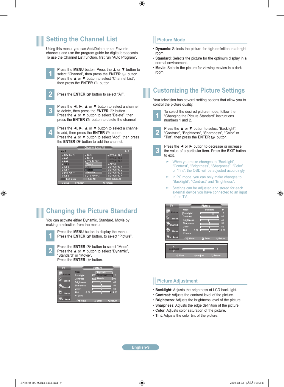 Setting the channel list, Changing the picture standard, Customizing the picture settings | Picture mode, Picture adjustment | Samsung LN19A331J1DXZA User Manual | Page 9 / 12