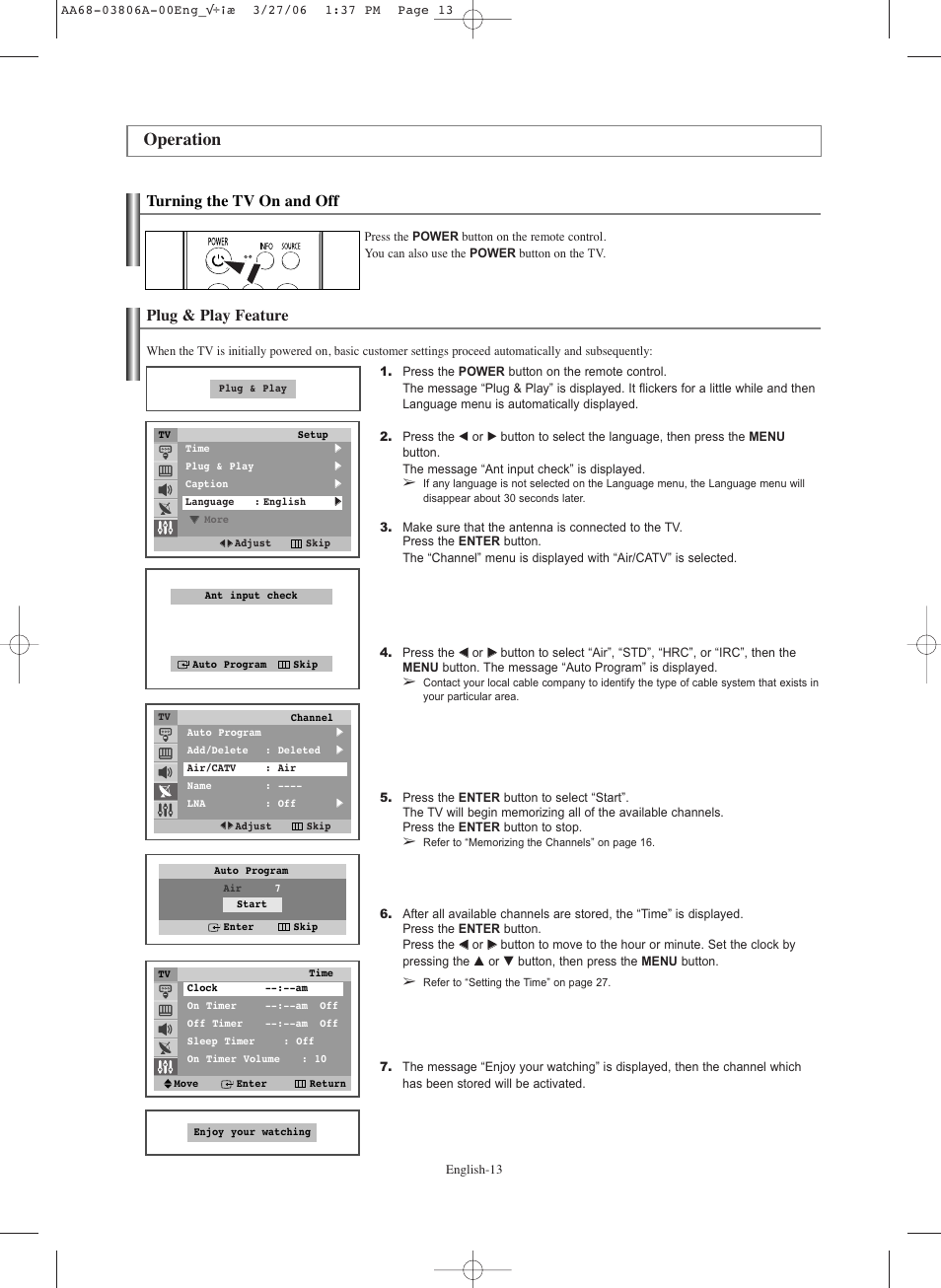 Operation, Turning the tv on and off, Plug & play feature | Samsung CL29Z30PQTXXAX User Manual | Page 13 / 34