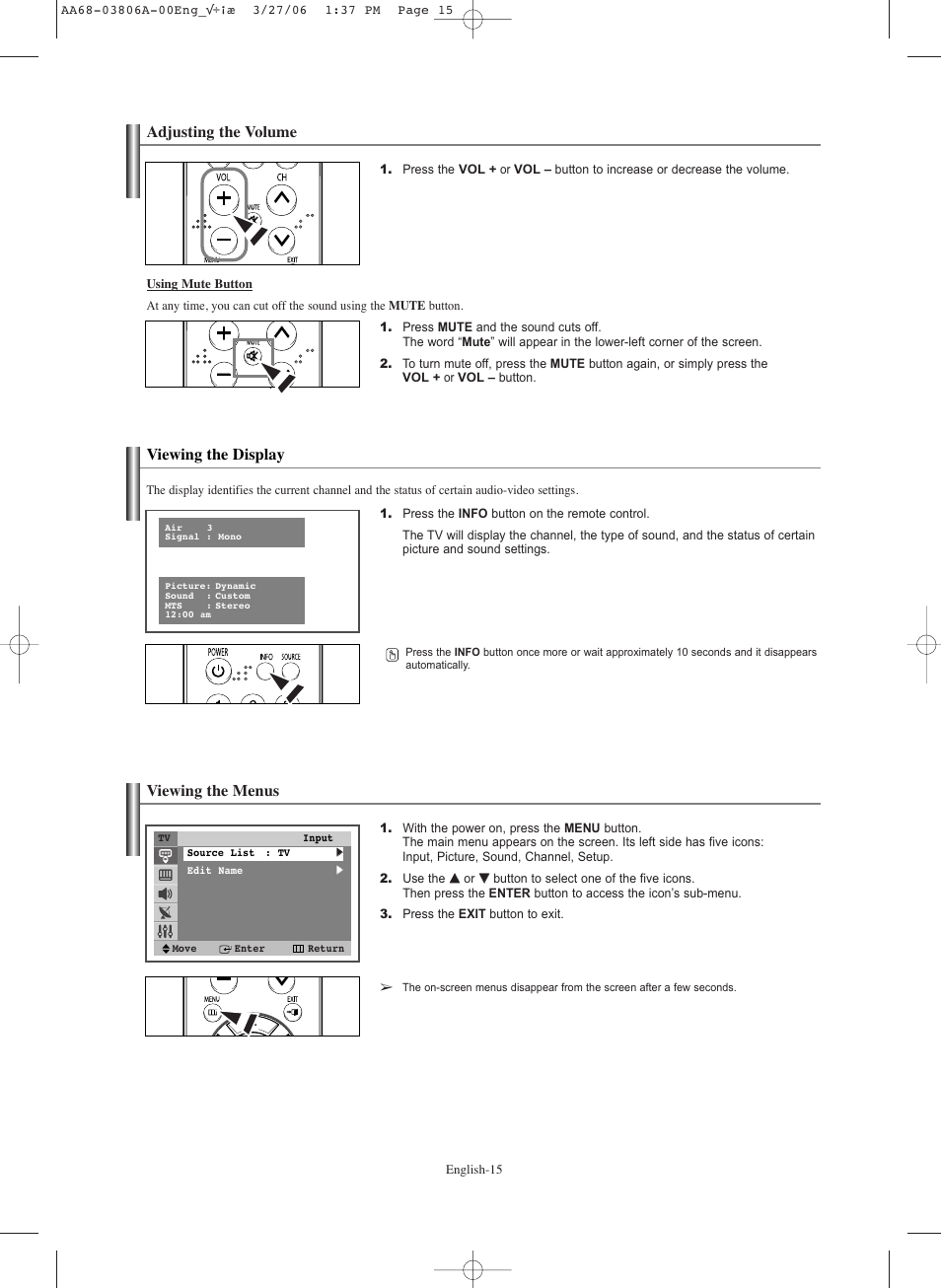 Adjusting the volume, Viewing the display, Viewing the menus | Adjusting the volume viewing the display | Samsung CL29Z30PQTXXAX User Manual | Page 15 / 34