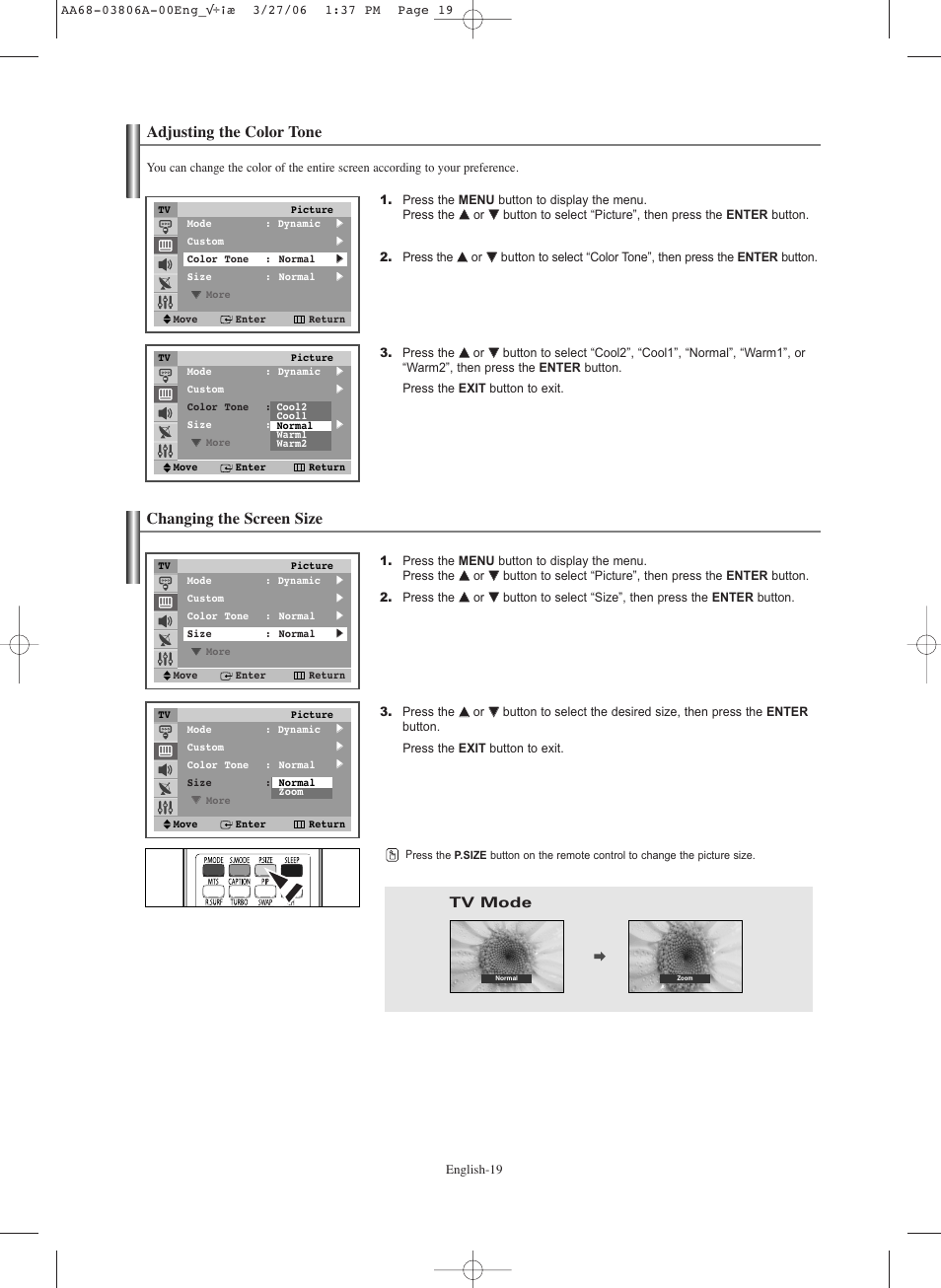 Adjusting the color tone, Changing the screen size | Samsung CL29Z30PQTXXAX User Manual | Page 19 / 34