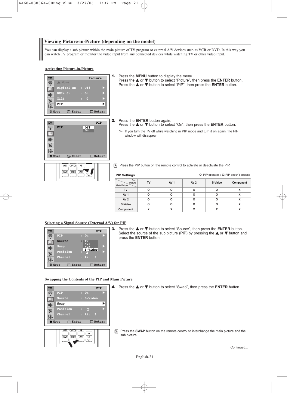 Activating picture-in-picture, Selecting a signal source (external a/v) for pip, Swapping the contents of the pip and main picture | Samsung CL29Z30PQTXXAX User Manual | Page 21 / 34