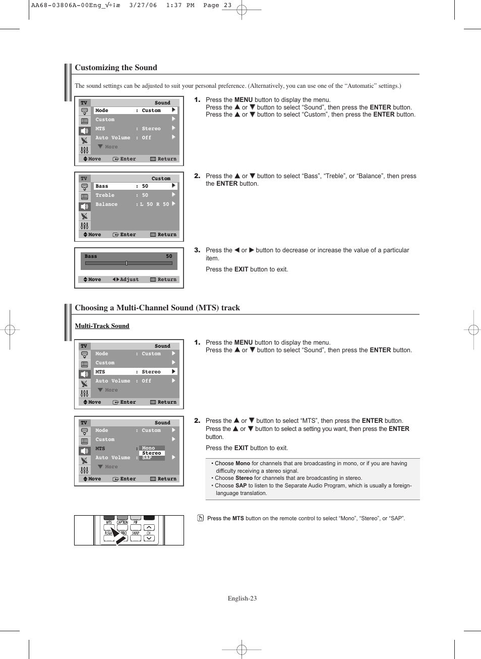 Customizing the sound, Choosing a multi-channel sound (mts) track | Samsung CL29Z30PQTXXAX User Manual | Page 23 / 34