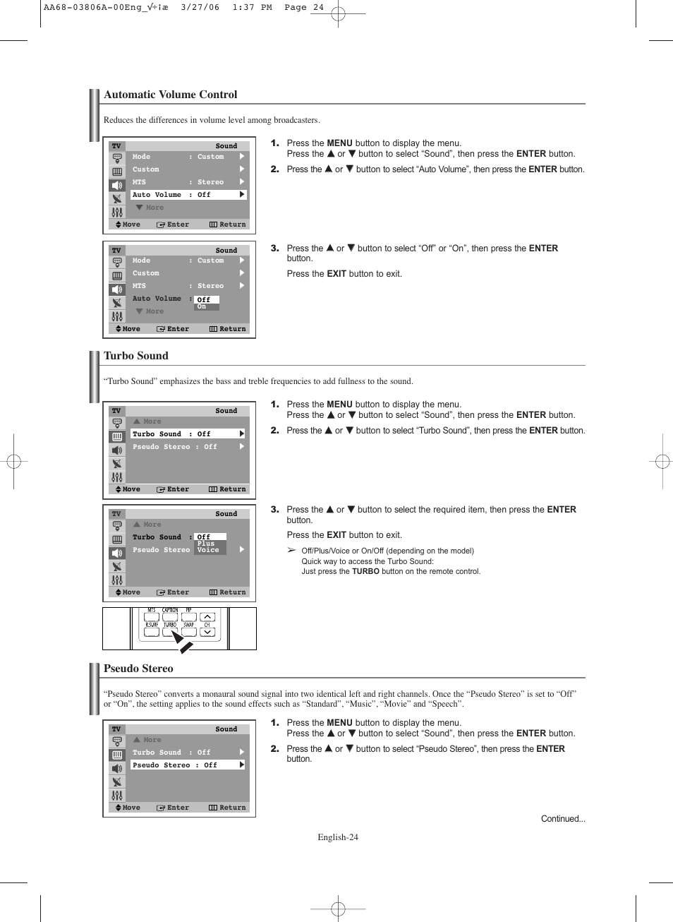 Automatic volume control, Turbo sound, Pseudo stereo | Samsung CL29Z30PQTXXAX User Manual | Page 24 / 34