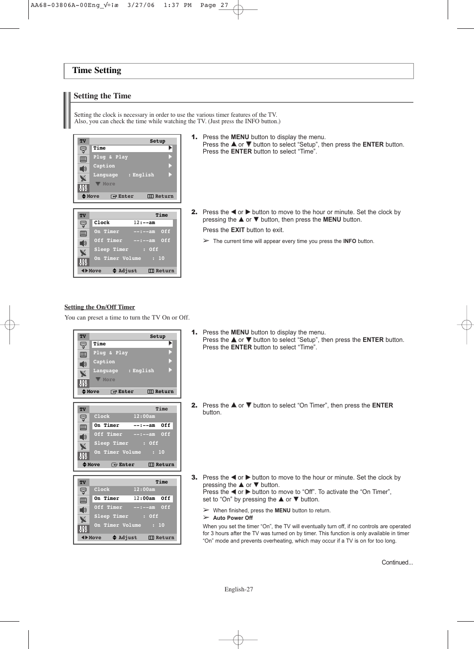 Time setting, Setting the time, Setting the on/off timer | Samsung CL29Z30PQTXXAX User Manual | Page 27 / 34