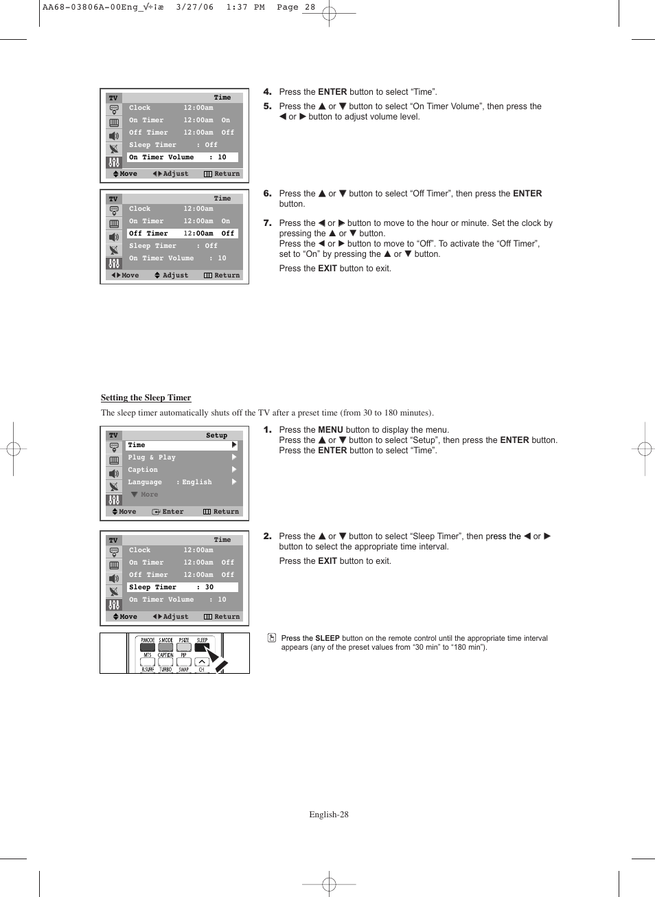 Setting the sleep timer | Samsung CL29Z30PQTXXAX User Manual | Page 28 / 34