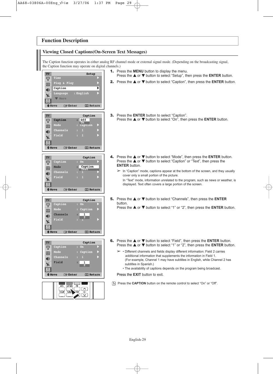 Function description, Viewing closed captions(on-screen text messages) | Samsung CL29Z30PQTXXAX User Manual | Page 29 / 34