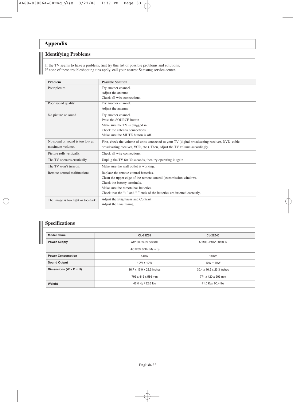 Appendix, Identifying problems, Specifications | Samsung CL29Z30PQTXXAX User Manual | Page 33 / 34