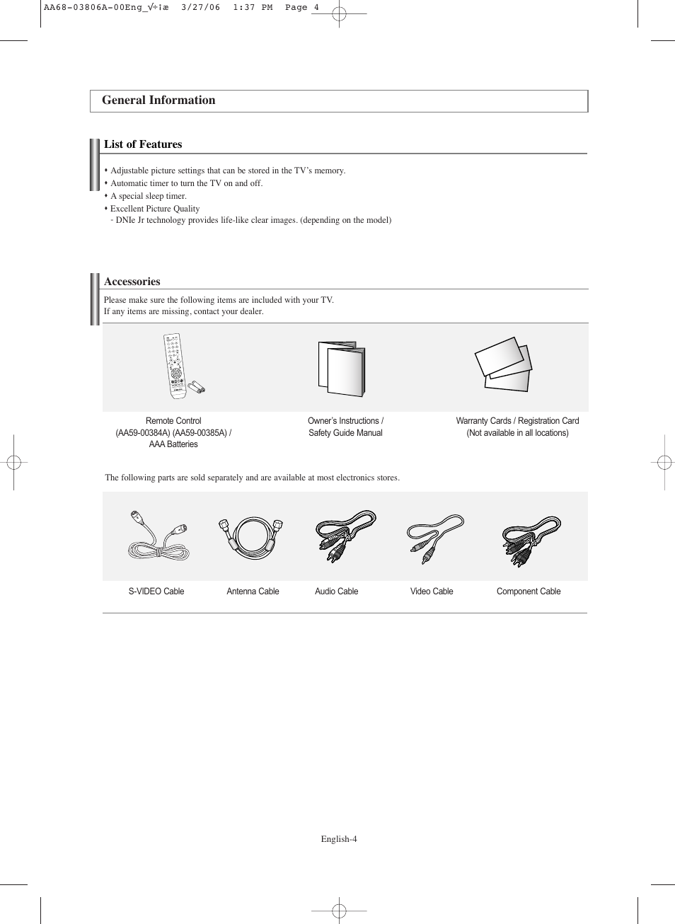 General information, List of features, Accessories | Samsung CL29Z30PQTXXAX User Manual | Page 4 / 34