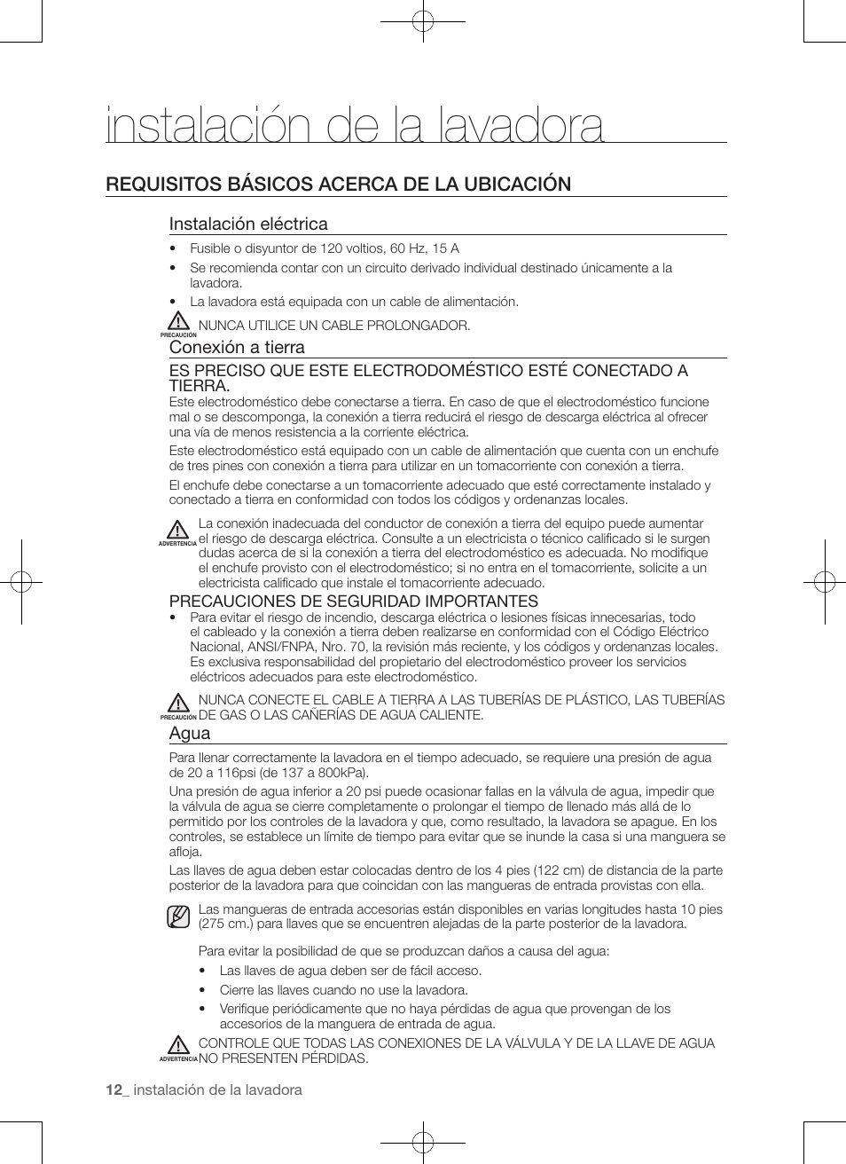 Instalación de la lavadora, Requisitos básicos acerca de la ubicación, Instalación eléctrica | Conexión a tierra, Agua | Samsung WA50F9A7DSP-A2 User Manual | Page 100 / 132