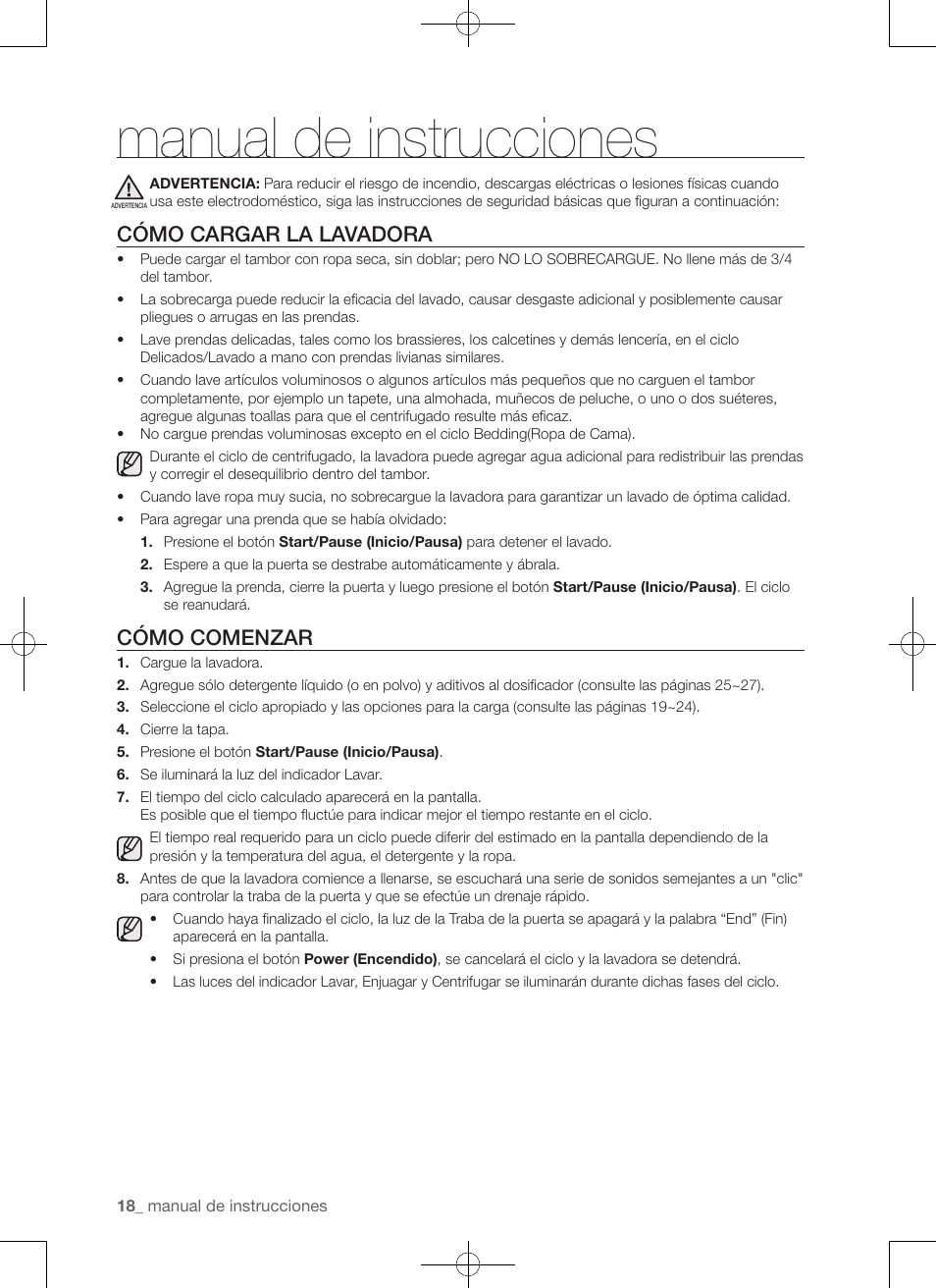 Manual de instrucciones, Cómo cargar la lavadora, Cómo comenzar | Samsung WA50F9A7DSP-A2 User Manual | Page 106 / 132