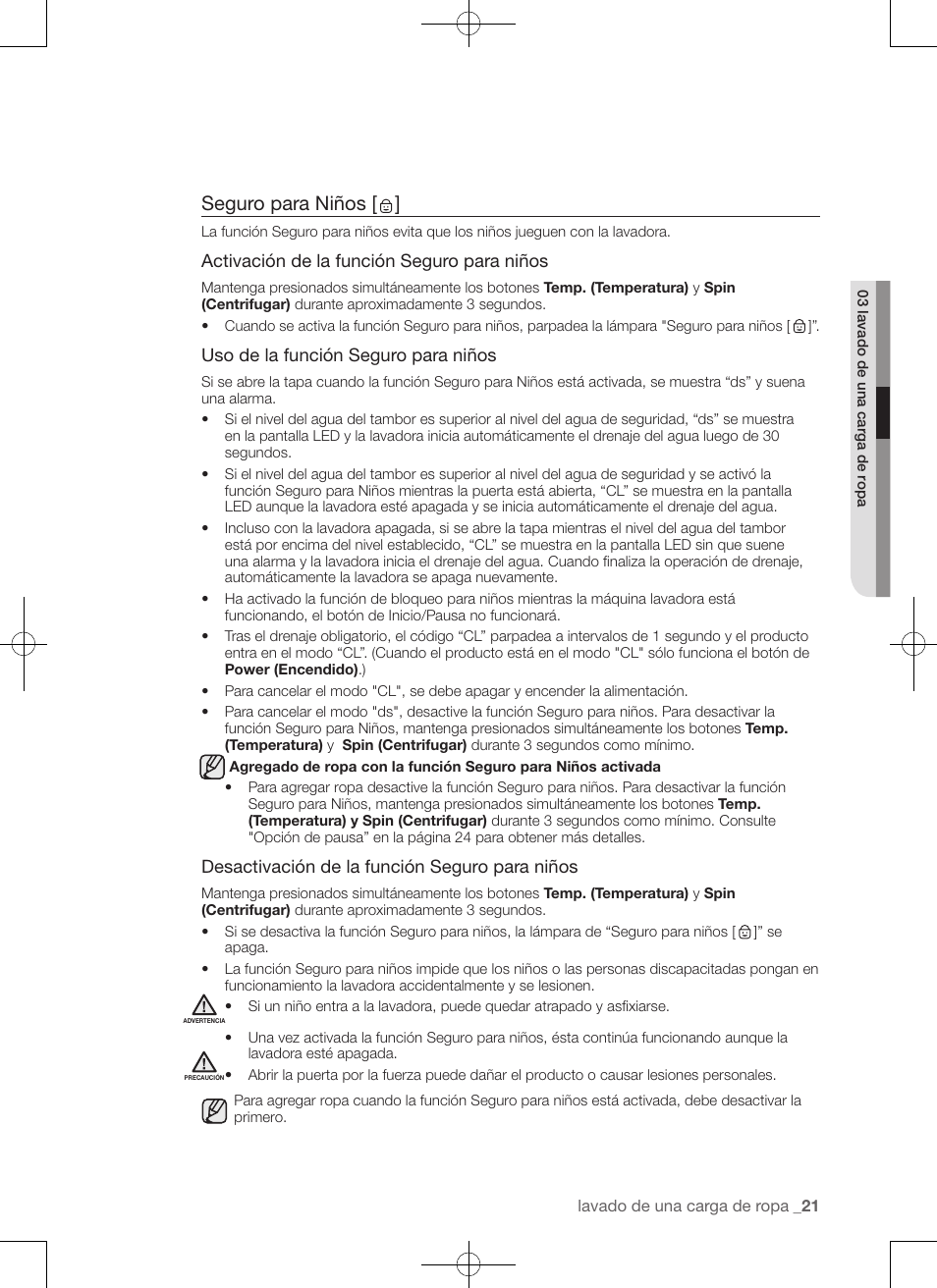Seguro para niños | Samsung WA50F9A7DSP-A2 User Manual | Page 109 / 132