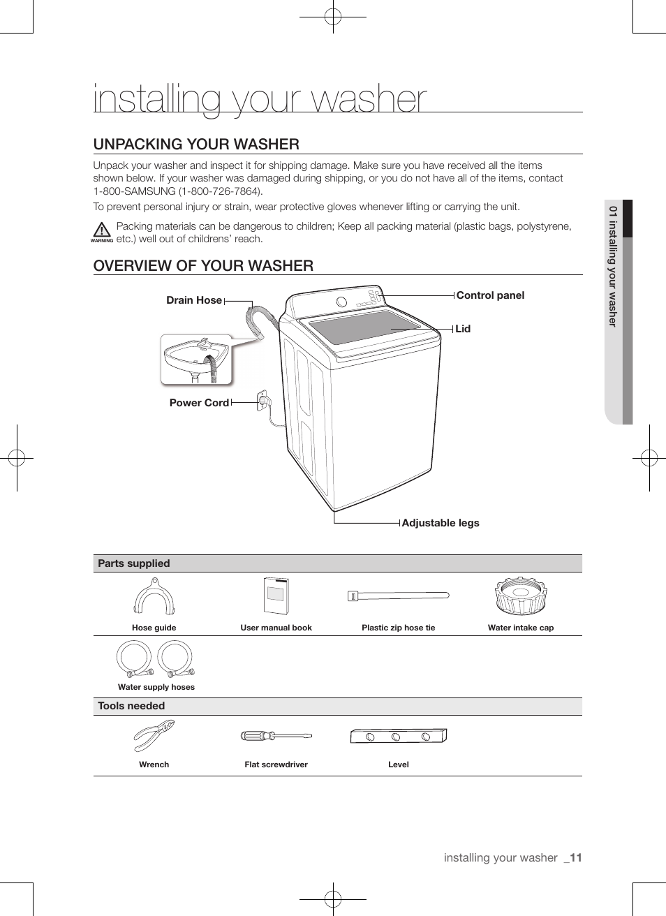Installing your washer, Unpacking your washer, Overview of your washer | Samsung WA50F9A7DSP-A2 User Manual | Page 11 / 132